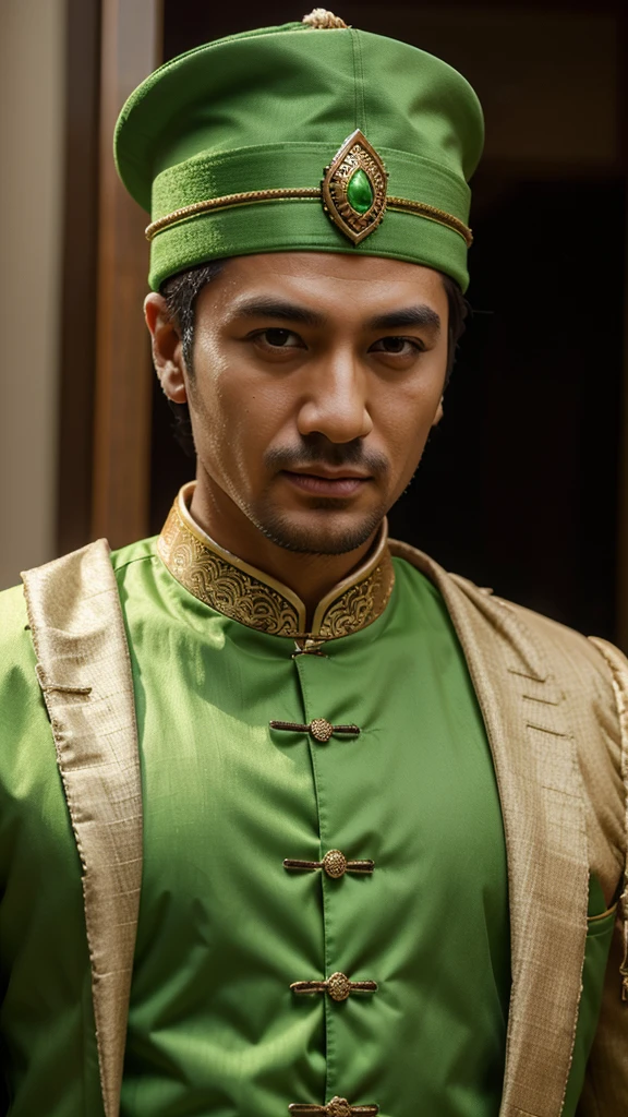 a man, Turkish headpiece, ambassador, lime green Chinese clothes, close-up, half-body