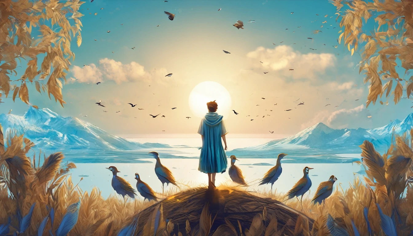 Create a professional, fantastic, cinematic Youtube Banner for a brand about music and stories called " Penamemoria". Masterpiece, 4k, sharp focus, highest quality,wide shot. The Background image is a world full of fantastic feathers, unique birds, light blue sky, soft white and touches of golden. Logo design of a modern, minimalistic, high-quality, logo of a boy-feather