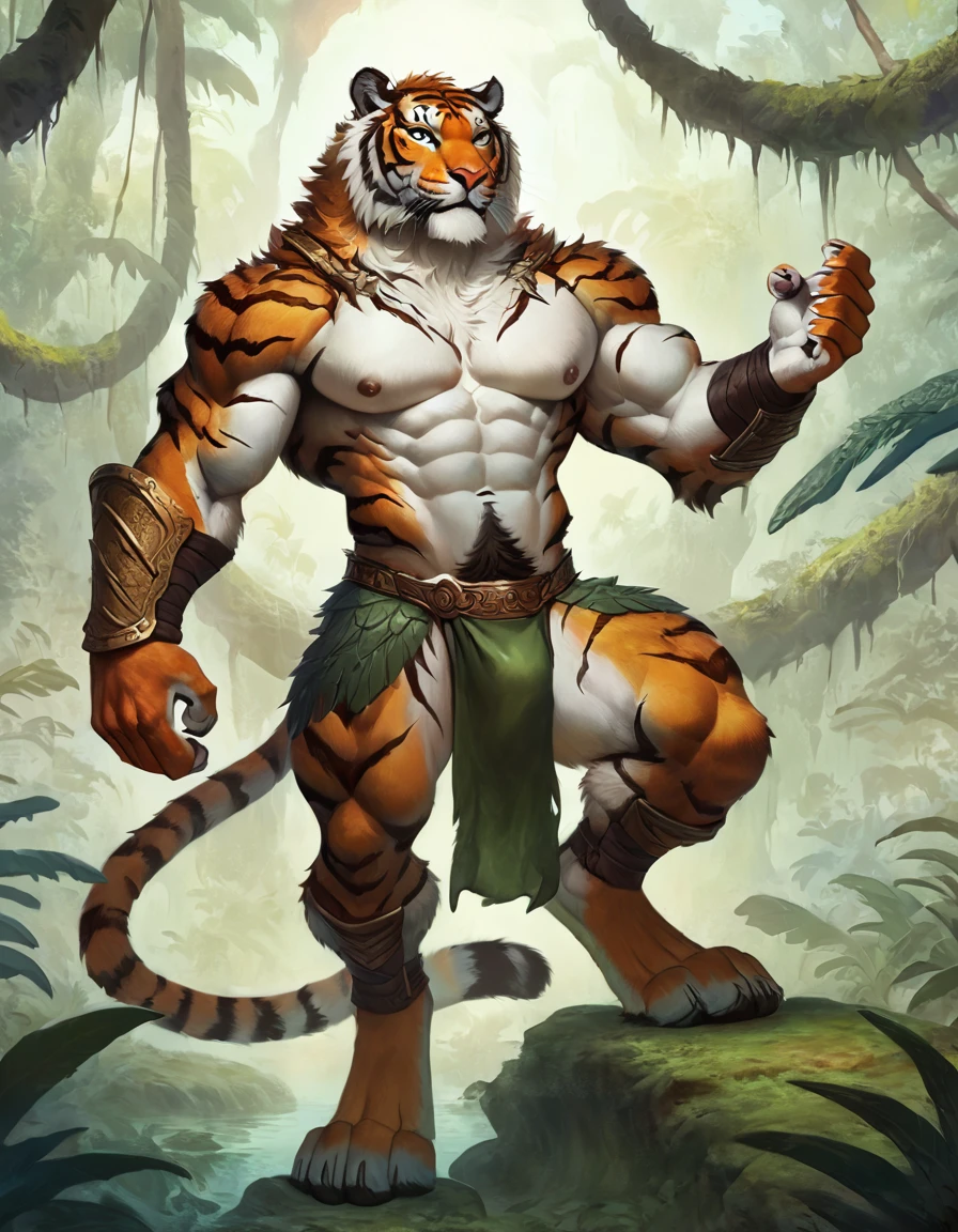 male tiger warrior, solo, masterpiece, best art, digitigrade, detailed hands, detailed eyes, detailed torso, jungle, proud expression, muscular, abs, nipples, pubes, loincloth, very detailed fur, fluffy