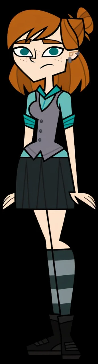 Ellie,redhead anime girl with freckles,high bun hairstyle short hair and half down hair pointed nose blue eyes clothing:closed gray jacket with cyan shirt,inside short skirt,black tights with white stripes and ankle boots up to the eye of the foot