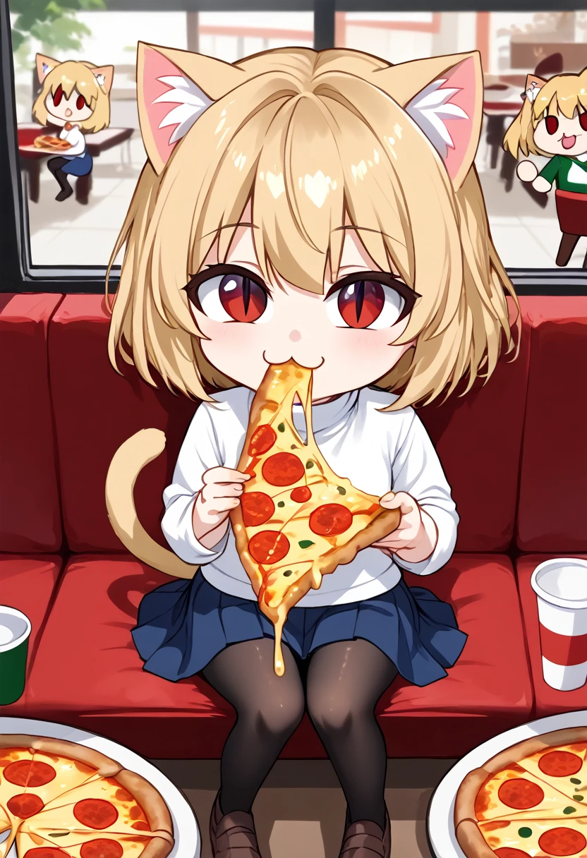 necoarc, slit pupils, cat ears, blonde hair, red eyes, chibi, :3, turtleneck, cute, blue skirt, pleated skirt, happy, pantyhose, brown footwear, eating a slice of pizza, sitting in italian restaurant
