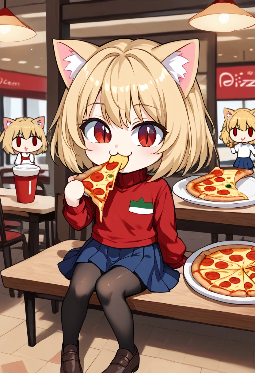 necoarc, slit pupils, cat ears, blonde hair, red eyes, chibi, :3, turtleneck, cute, blue skirt, pleated skirt, happy, pantyhose, brown footwear, eating a slice of pizza, sitting in italian restaurant