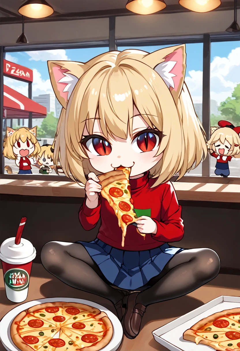 necoarc, slit pupils, cat ears, blonde hair, red eyes, chibi, :3, turtleneck, cute, blue skirt, pleated skirt, happy, pantyhose, brown footwear, eating a slice of pizza, sitting in italian restaurant
