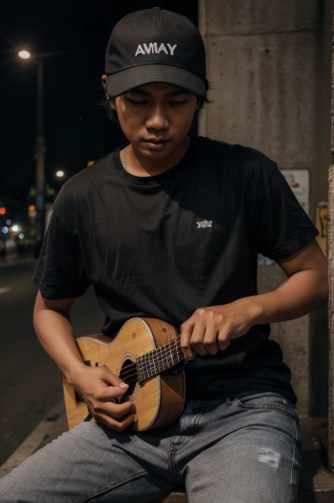 A young Indonesian man wearing a gray t-shirt that says "amenyoh" wearing a snapback hat, loose jeans, natural face sitting and playing guitar with someone who looks like Iwan Fals, wearing a black t-shirt and brown jacket, black jeans, short gray hair, mood on the road at night highnight bokeh