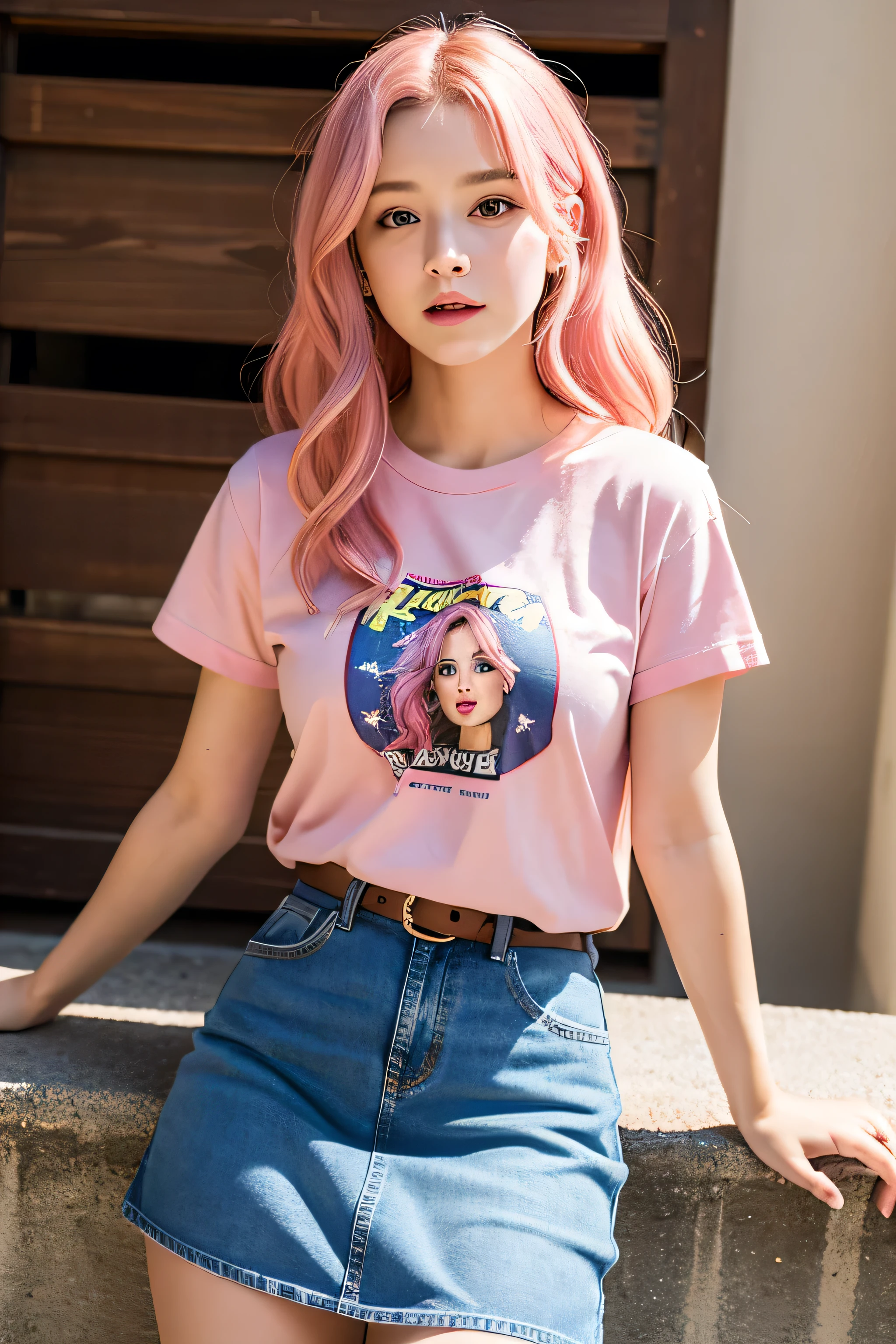 ((Highest quality)), ((masterpiece)), (detailed), One girl, And soul、Classic American taste、With a girl、Pink Hair、My hair is wavy、T-Shirts、Jeans fabric skirt、solo、