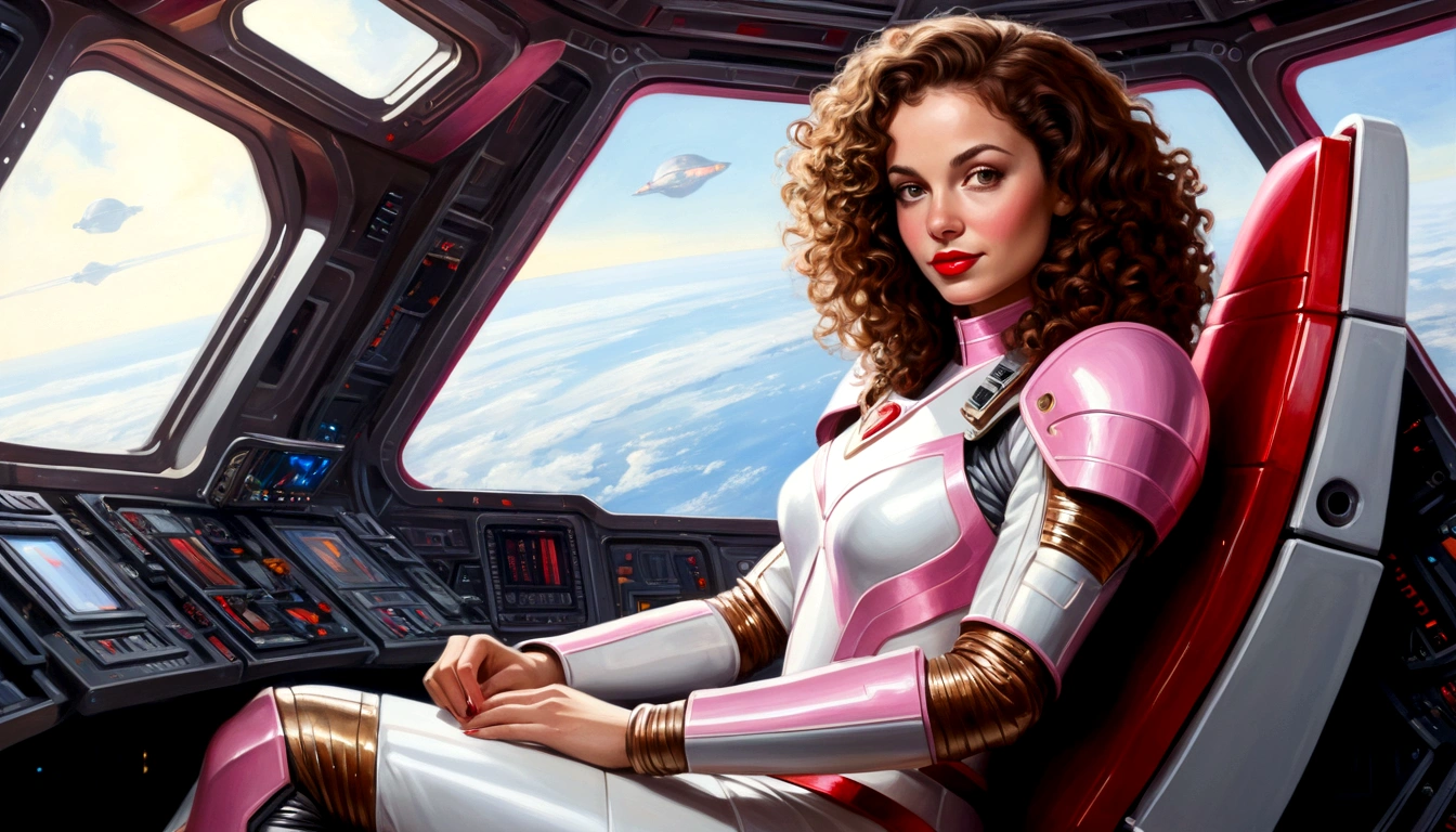 High-quality acrylic painting, VIVID COLORS, lateral point a view, a beautiful woman with brown curly hair, looking at the viewer with suspicious face and a shy smile, red lips, she wears white metallic ultra-glossy armor, hands in the waist, in a command chair in the cockpit of a spaceship