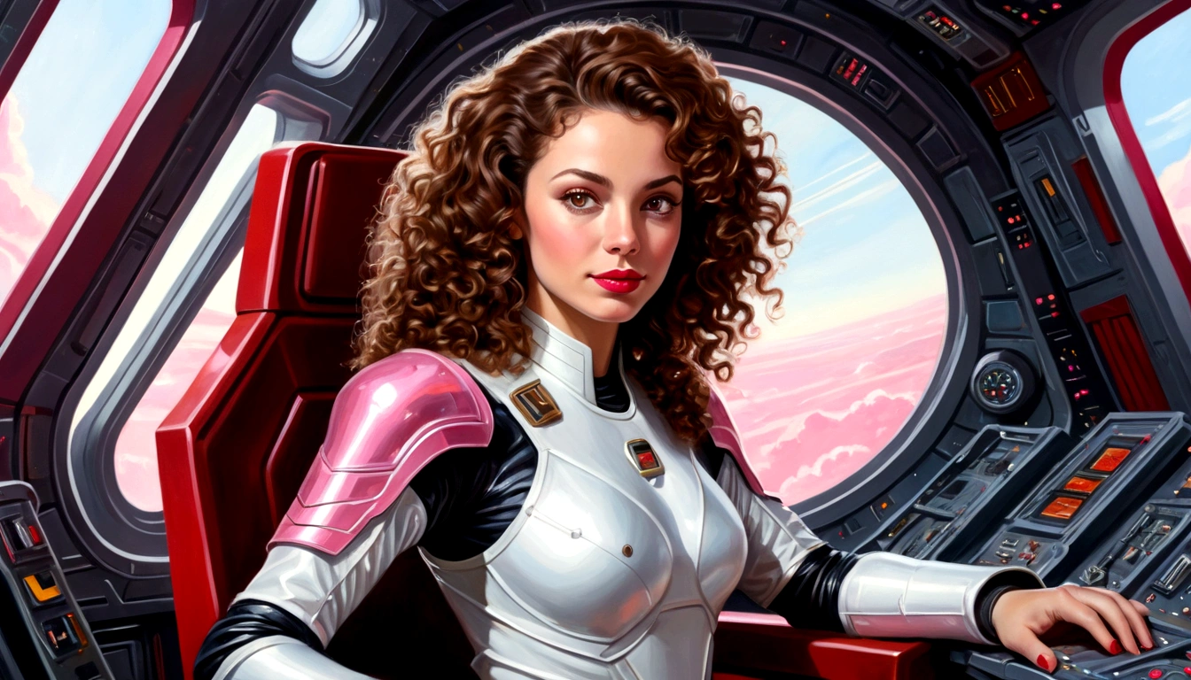 High-quality acrylic painting, VIVID COLORS, lateral point a view, a beautiful woman with brown curly hair, looking at the viewer with suspicious face and a shy smile, red lips, she wears white metallic ultra-glossy armor, hands in the waist, in a command chair in the cockpit of a spaceship