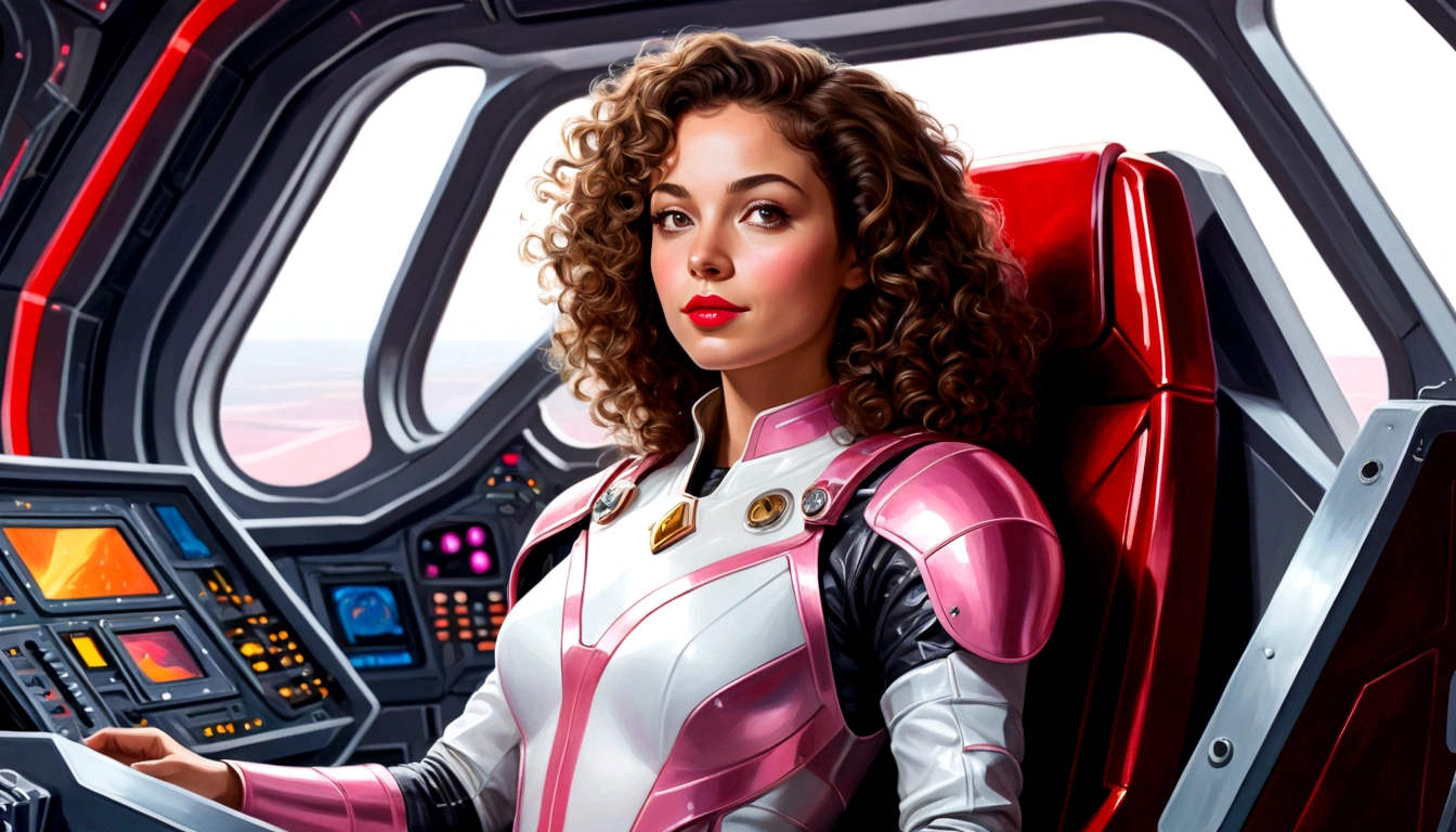 High-quality acrylic painting, VIVID COLORS, lateral point a view, a beautiful woman with brown curly hair, looking at the viewer with suspicious face and a shy smile, red lips, she wears white metallic ultra-glossy armor, hands in the waist, in a command chair in the cockpit of a spaceship