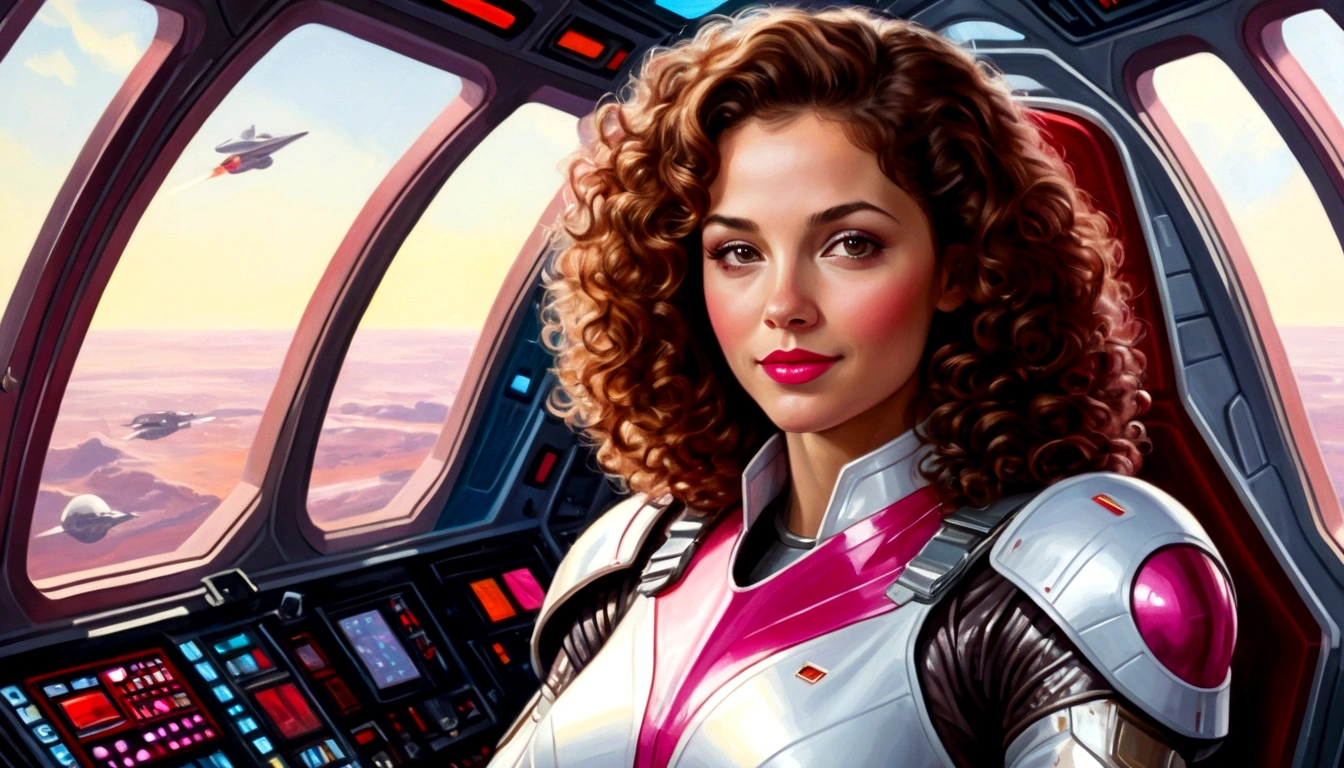 High-quality acrylic painting, VIVID COLORS, lateral point a view, a beautiful woman with brown curly hair, looking at the viewer with suspicious face and a shy smile, red lips, she wears white metallic ultra-glossy armor, hands in the waist, in a command chair in the cockpit of a spaceship