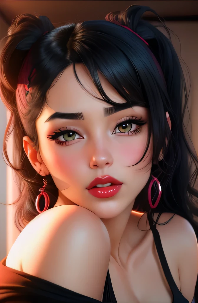 Amazing portrait of a close up shot of a cute , and sexy woman with her black hair in two medium ponytails and her sexy eyes in an intense eye contact with a small nose and red lips making an orgasmic face showcasing her neck and collarbone with a loose dark pink t shirt that shows her bare shoulder as she lays in bed in her dark bedroom with one lamp