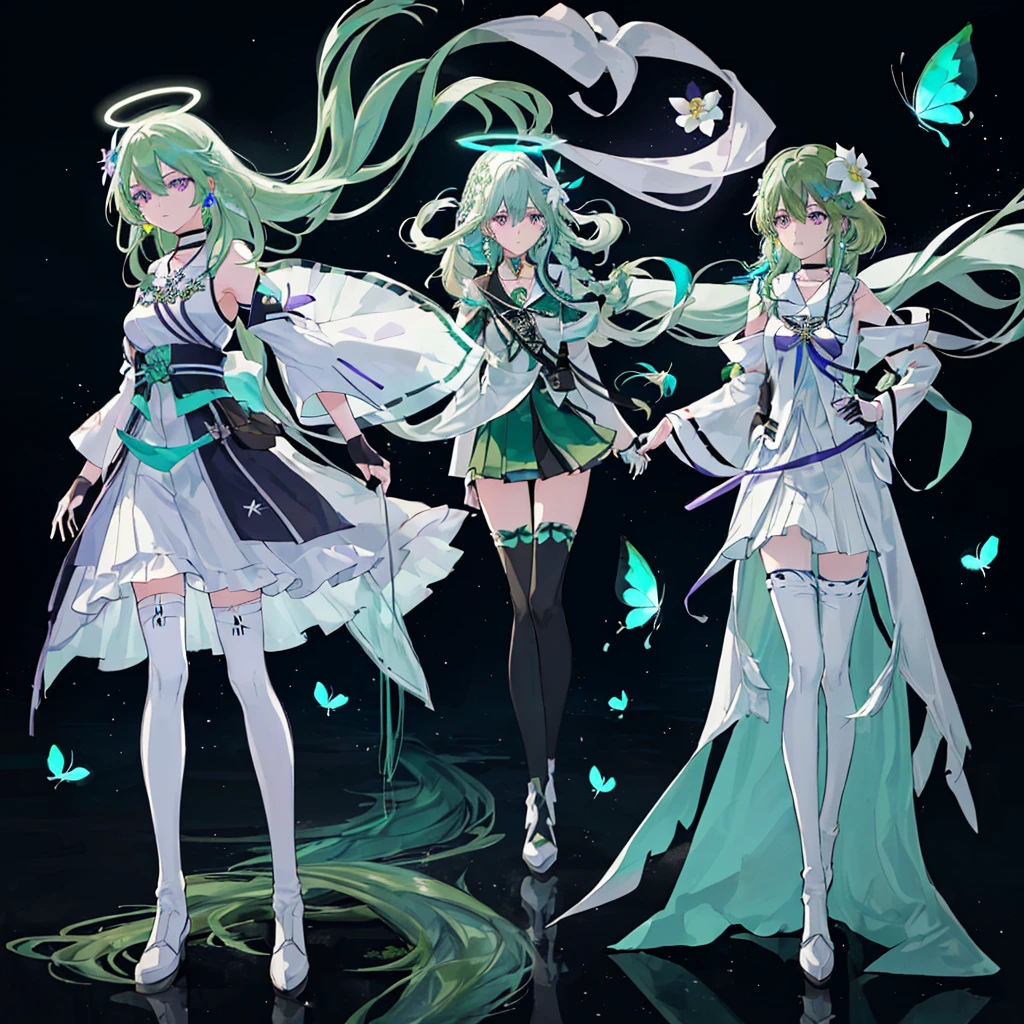 (Masterpiece, Best Quality: 1.4), white Background, Long Hair, Jewelry, Earrings, Necklace, Bride, ((green Hair)), Halo, (Overlook), Dynamic Angle, Ultra Detailed, Illustration, Close Up, Direct Look, (((1girl))), (Fantasy: 1.4), (Purple Eyes: 1.233), Her Eyes Shine Like Dreamy Stars, (Glow Eyes: 1.233), (Beautiful and Delicate Eyes: 1.1), (green Hair: 1.4), (Messy Hair, Very Long Hair, French braids, hair between the eyes, side hair), (+(white hair flower: 1.14)), (chiffon dress, uniform white flower pattern)/= (military uniform: 1.24), (fingerless gloves), choker, (miko thighhighs), high heeled boots, (expressionless, shut up), (standing), (white flowers, blooming),(Ruins),(Night:1.2),dreamy,Soul,(fluorescent),(Flying Translucent Blue Butterfly:1.15),[Delicate Fingers and Hands:0.55]::0.85], (Finger Detail), (Yubao:0.5),((town background)),((full body)),((turquoise hair)),green hair,((green hair)),night,near the river,Walking in the distance,((1 girl)),