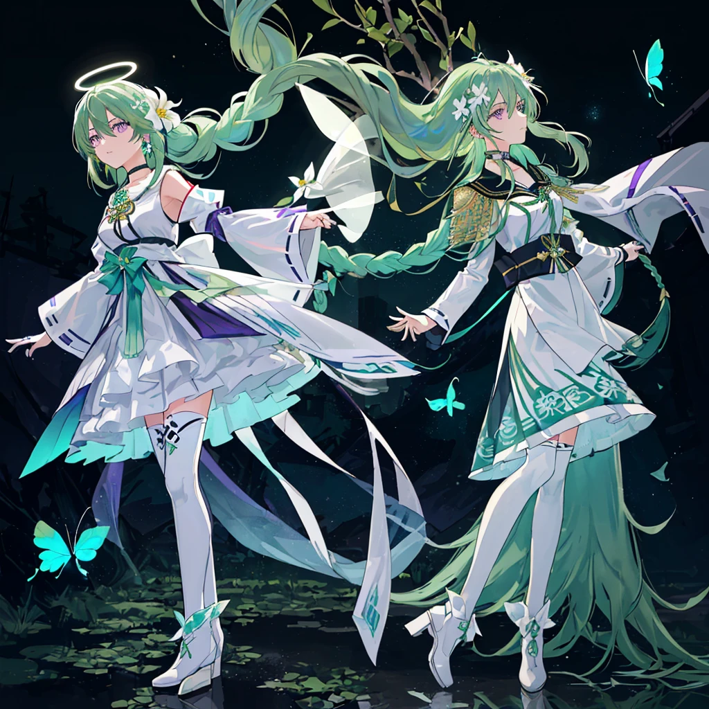 (Masterpiece, Best Quality: 1.4), white Background, Long Hair, Jewelry, Earrings, Necklace, Bride, ((green Hair)), Halo, (Overlook), Dynamic Angle, Ultra Detailed, Illustration, Close Up, Direct Look, (((1girl))), (Fantasy: 1.4), (Purple Eyes: 1.233), Her Eyes Shine Like Dreamy Stars, (Glow Eyes: 1.233), (Beautiful and Delicate Eyes: 1.1), (green Hair: 1.4), (Messy Hair, Very Long Hair, French braids, hair between the eyes, side hair), (+(white hair flower: 1.14)), (chiffon dress, uniform white flower pattern)/= (military uniform: 1.24), (fingerless gloves), choker, (miko thighhighs), high heeled boots, (expressionless, shut up), (standing), (white flowers, blooming),(Ruins),(Night:1.2),dreamy,Soul,(fluorescent),(Flying Translucent Blue Butterfly:1.15),[Delicate Fingers and Hands:0.55]::0.85], (Finger Detail), (Yubao:0.5),((town background)),((full body)),((turquoise hair)),green hair,((green hair)),night,near the river,Walking in the distance,((1 girl)),