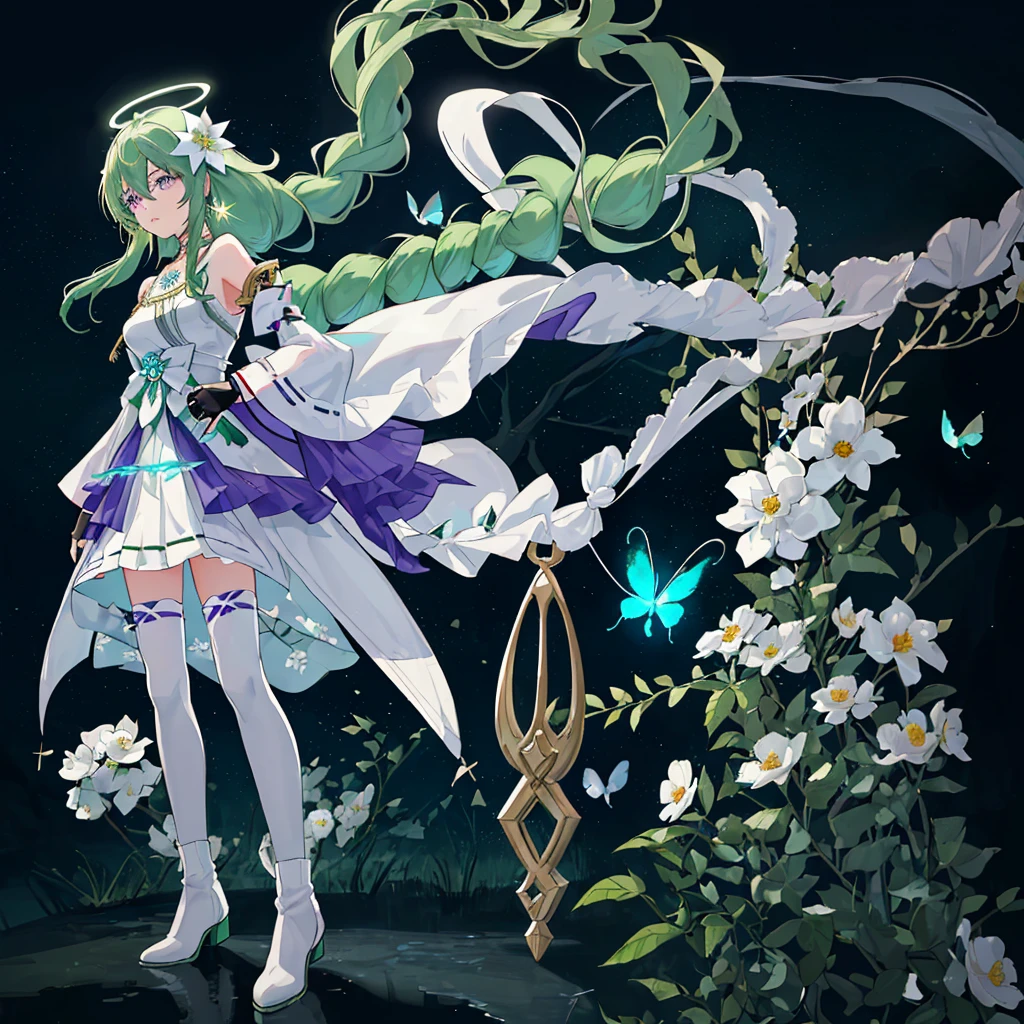 (Masterpiece, Best Quality: 1.4), white Background, Long Hair, Jewelry, Earrings, Necklace, Bride, ((green Hair)), Halo, (Overlook), Dynamic Angle, Ultra Detailed, Illustration, Close Up, Direct Look, (((1girl))), (Fantasy: 1.4), (Purple Eyes: 1.233), Her Eyes Shine Like Dreamy Stars, (Glow Eyes: 1.233), (Beautiful and Delicate Eyes: 1.1), (green Hair: 1.4), (Messy Hair, Very Long Hair, French braids, hair between the eyes, side hair), (+(white hair flower: 1.14)), (chiffon dress, uniform white flower pattern)/= (military uniform: 1.24), (fingerless gloves), choker, (miko thighhighs), high heeled boots, (expressionless, shut up), (standing), (white flowers, blooming),(Ruins),(Night:1.2),dreamy,Soul,(fluorescent),(Flying Translucent Blue Butterfly:1.15),[Delicate Fingers and Hands:0.55]::0.85], (Finger Detail), (Yubao:0.5),((town background)),((full body)),((turquoise hair)),green hair,((green hair)),night,near the river,Walking in the distance,((1 girl)),