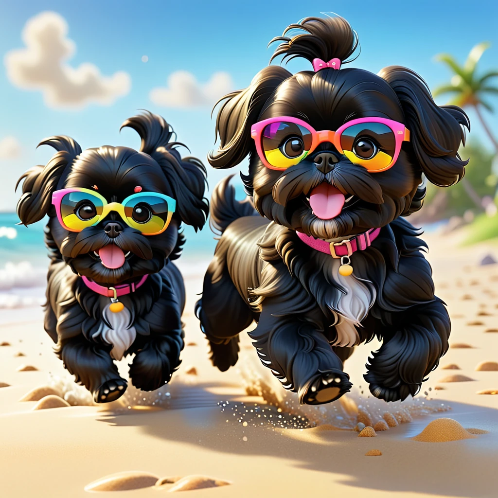2 Adorable small black Shih Tzu puppies wearing bright sunglasses running on beach Disney background 3d cartoon 3d render disney pixar style