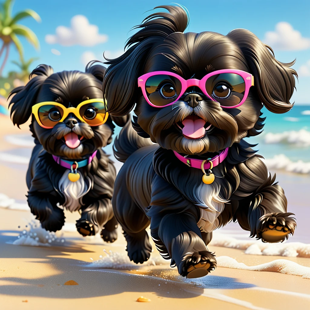 2 Adorable small black Shih Tzu puppies wearing bright sunglasses running on beach Disney background 3d cartoon 3d render disney pixar style