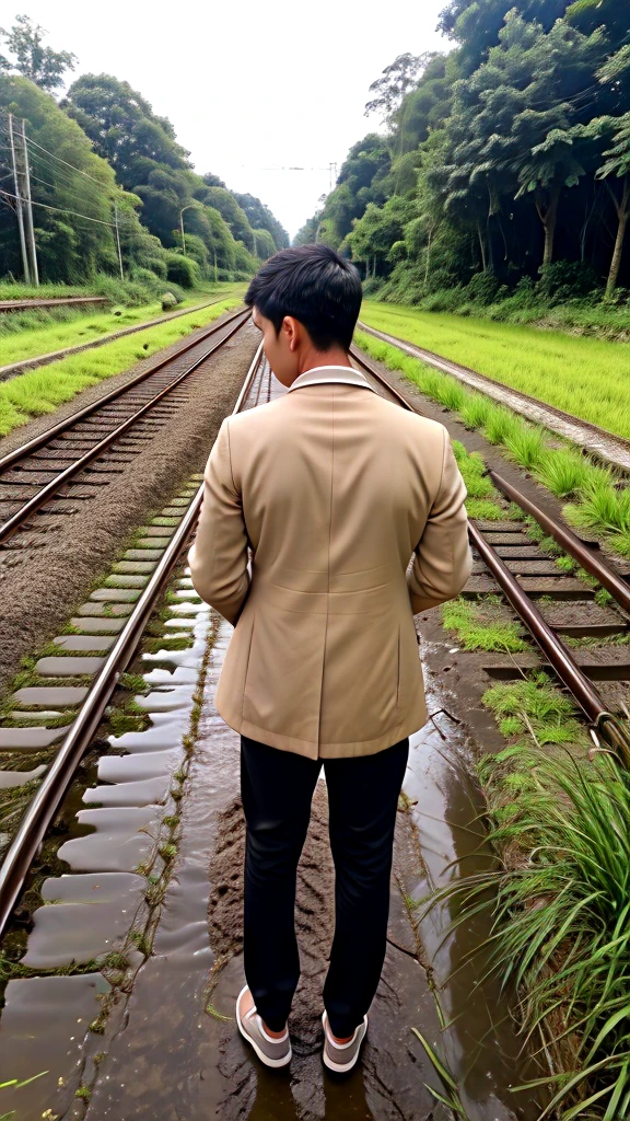 A boy age 30 with normal height and fit Thanking god pose in the paddy field behind the railway track neel down and praising god in back pose in coat and pants on a rainy day