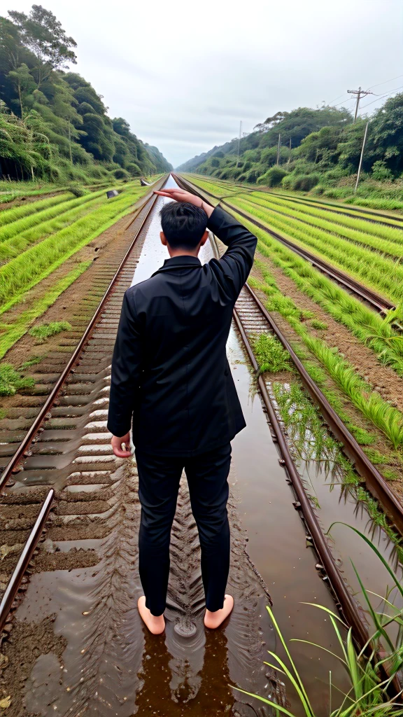 A boy age 30 with normal height and fit Thanking god pose in the paddy field behind the railway track neel down and praising god in back pose in coat and pants on a rainy day