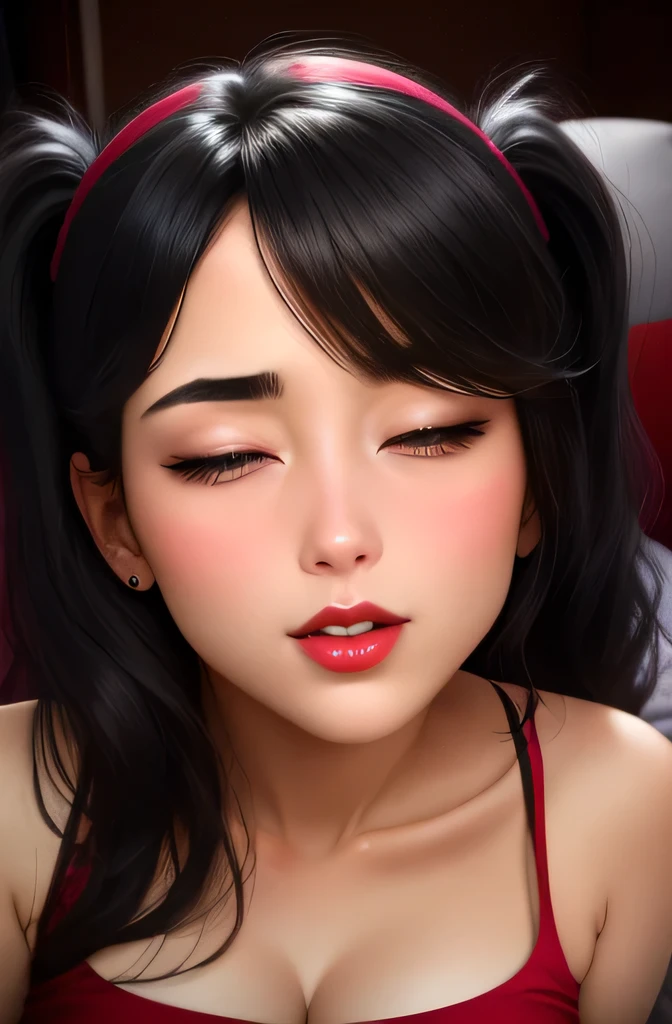 Amazing portrait of a close up shot of a cute , and sexy woman with her black hair in two medium ponytails and her sexy eyes in an intense eye contact with a small nose and red lips making an orgasmic face showcasing her neck and collarbone with a loose dark pink t shirt that shows her bare shoulder as she lays in bed in her dark bedroom with one lamp