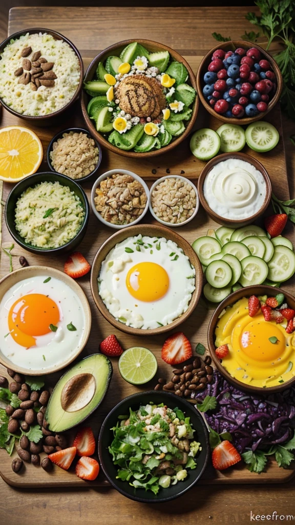 Colorful and Varied Keto Breakfast Platter: A beautifully arranged platter with various keto-friendly foods. The green vibrant colors will catch the viewer’s eye