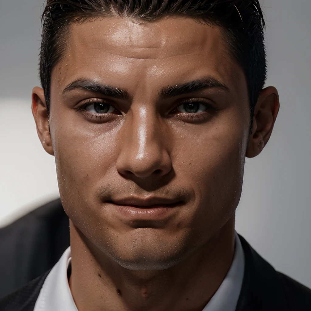 cristiano ronaldo smirking, black suit, white background, close up shoot, only face, 4K, ultra detialed, cinematic shoot, short hair, real madrid jearsy, lowly visible shaved beard, perfect lighting, dot-on shadows,
