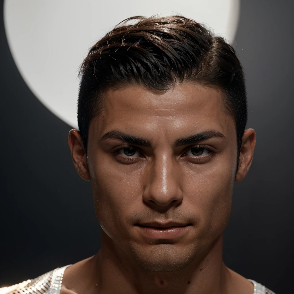 cristiano ronaldo smirking, black suit, white background, close up shoot, only face, 4K, ultra detialed, cinematic shoot, short hair, real madrid jearsy, lowly visible shaved beard, perfect lighting, dot-on shadows,