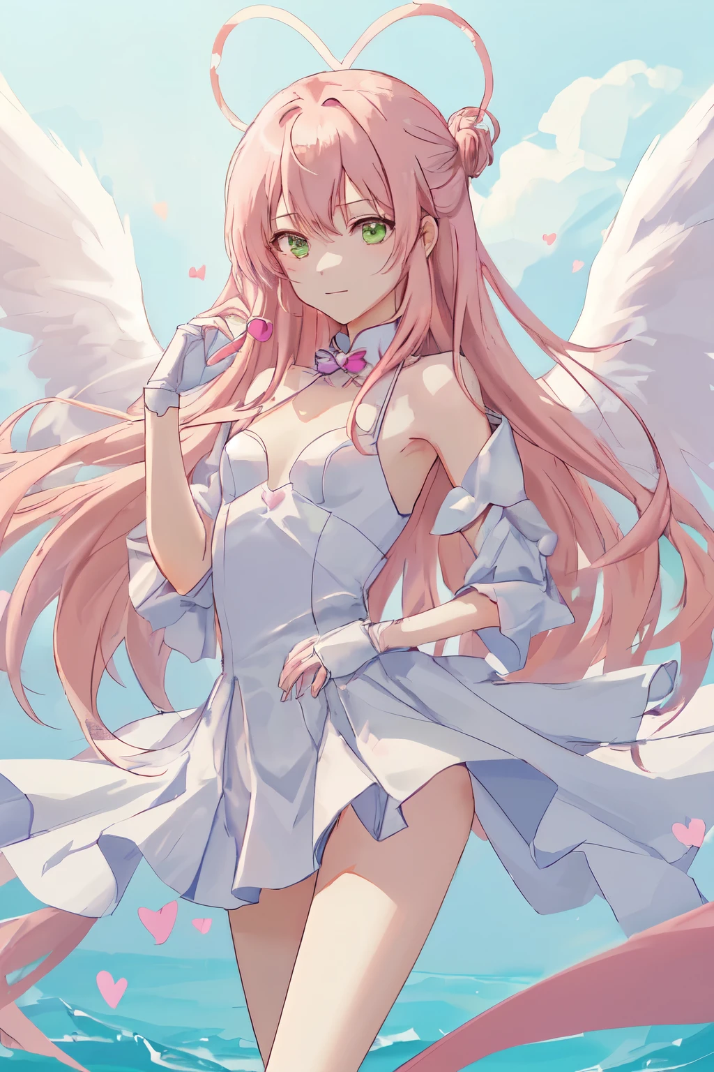 1_girl, (anime, kawai:2), (masterpeice, best_quality, clean:1.5), (sky_background:1.2), (cute, cute_smile, young:1.5), (delicate, extremely_delicate, beautiful, thin:1.5), (girlfriend, angel:1.8), (green_eyes, simple_eyes:1.8) (long_hair, blond_hair, wearing_pink_dress, pink_angel_wings, sexy_gloves:1.5), extremely_delicate, (love_magic:1.5), (age_size_fits_body), (small_thighs:1.3), (breasts), (eye_level:1.3), (heart_magic, love:1.5), (folded_legs:1.5), (combat:1.2)