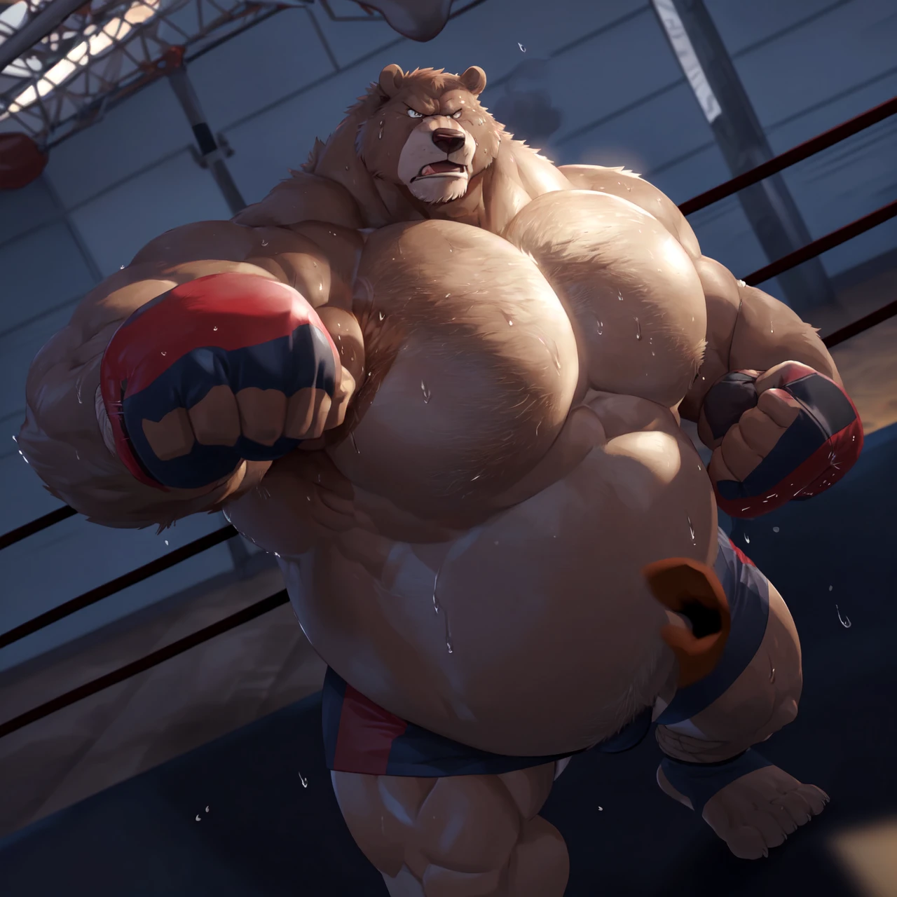 ((solo)), (anthro:1.2) bear (lora; little john), adult, (athletic:1.4), (dense muscles), (super strong:1.4), (correct anatomy:1.2), (broad shoulders:1.2), (heavy build, massive body:1.6), (realistic fur, detailed brown fur texture:1.3), kickboxing martial arts tournament background (corner of the kickboxing MMA ring:1.6), photorealistic, (black compression shorts), (bare torso:1.4), (foowear:1.2), (detailed clothing), hyperrealistic, ultradetailed, (by wfa:1.2), (by takemoto_arashi, by vorusuarts, by Traver009:1, by grimfaust:1), natural lighting, (wet. sweat:1.4), exhausted, ursine head (open eyes, brown mane), (steaming breath:1.2), ((serious:1.4) expression), (punching:1.4), (kicking:1.6), (view from right:1.4)