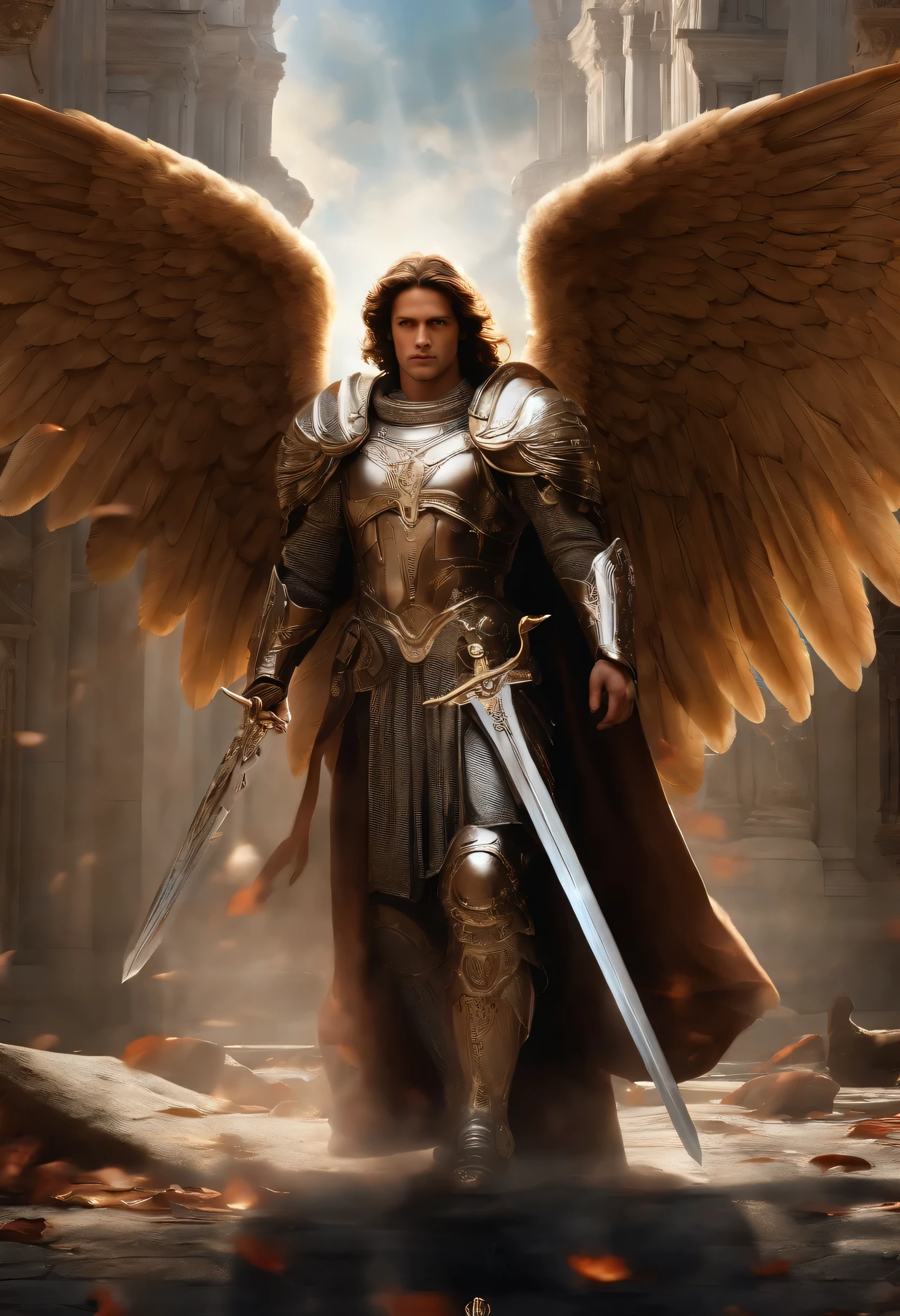 male character, Archangel Michael, walking down the street, walking across between buildings, many blooding victims laying on the street, Astronomical Imagery, intricate detailes, realist, Rosa and the very Big Wings, Angelic background, Catholic illustration image of Archangel Michael, Male characters in the Bible, Michael wears siver angel armor, taking sword,cosmic background, Archangel and background lighting, Full length of angel, Maximum detail and his angelic face and wings, Realistic perfect skin, The highest image quality, Miguel He is highlighted in the image with strong and flashy colors.