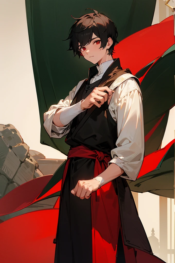 (Obra-prima, melhor qualidade: 1.2) alone, 1boy, masculino, black short hair , red eyes , medieval clothes , looking at the viewer