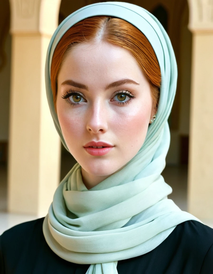 photography full body portrait of very beautiful realistic girl, inside Mosque, porcelain skin, very fair skin, very pale skin, redhead, wavy, ponytail, very detail skin texture, hazel eyes, slanted eyes, small nose, small nostril, think curved eyebrow, thick bottom lip, seductive gaze, ((she cry hard)), unique face, wear a headscarf hijab, detail photo, realistic photo, master piece picture, sharp picture, outdoor clear daylight,