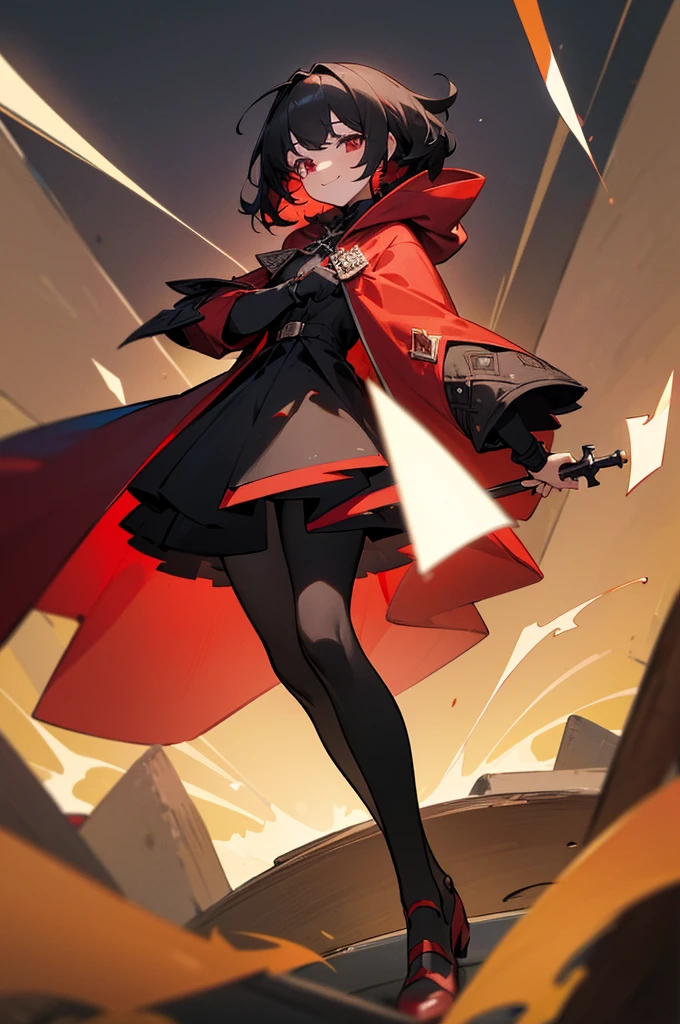(disorganized, 8K, 4K, masterpiece, very detailed:1.2), ((masterpiece,highest quality)), disorganized, Ruby_ticker, alone, looking at the viewer, smile, Rubyローズ, black dress, long sleeve, red cloak, hose,
