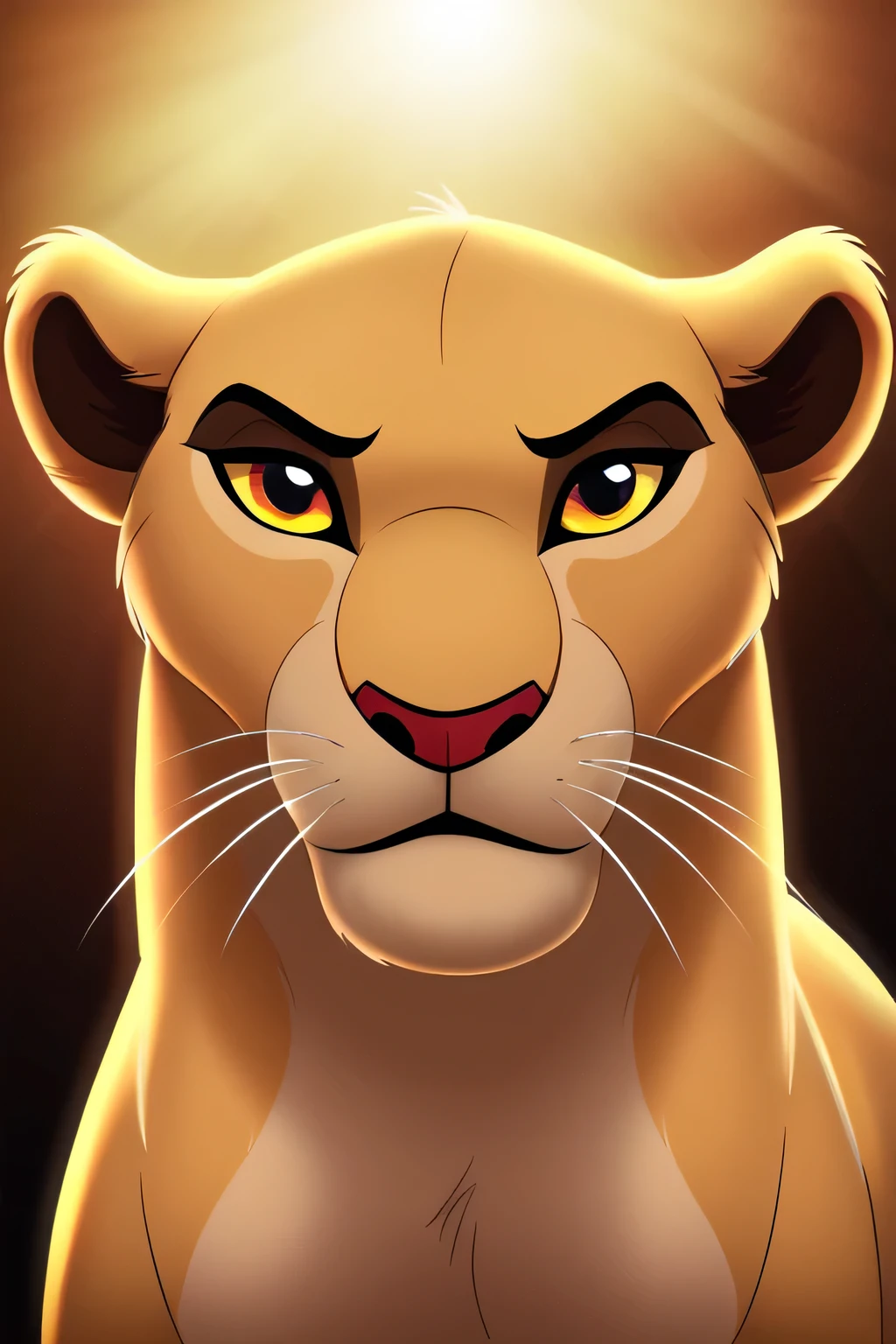 the lion king, lioness, solo, a fierce feral lioness, nala, beautiful detailed eyes, beautiful detailed lips, extremely detailed eyes and face, long eyelashes, masterpiece, dramatic lighting, cinematic, golden hour, moody, dramatic colors, vibrant colors, rintricate details