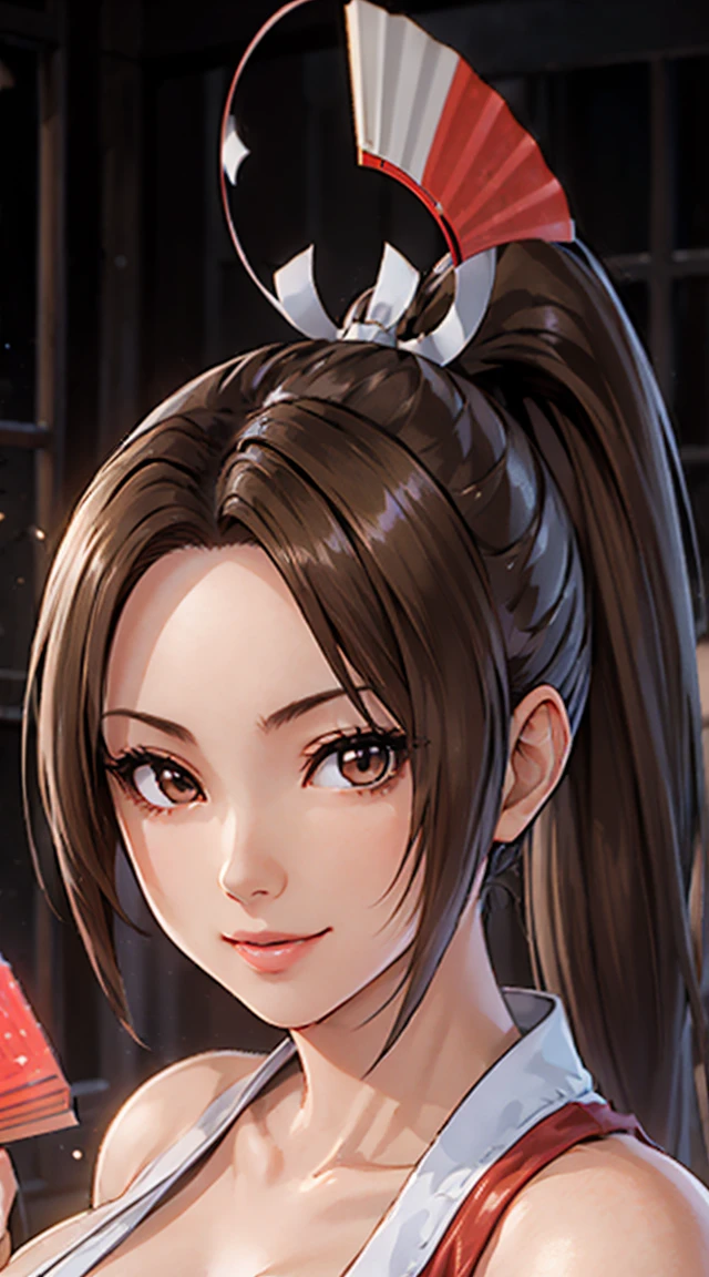 ((8K)), ((32k)), ((Highest quality)), ((masterpiece)), ((超High resolution)), ((Tmasterpiece)), (((head shot:1.6)))、((8K)), ((32k)), ((Highest quality)), ((masterpiece)), ((超High resolution)), Fine skin、女性1 person、pink sexy dresses、((Mai Shiranui:1.2)), Expose your shoulders、Brown Hair, Brown eyes, Long and high ponytail, hair band,  1 person、Captivating smile, 25 years old, Japanese Mature, beautiful指, beautiful長い脚, beautiful体, beautiful鼻, beautifulキャラクターデザイン, Perfect Eyes, Perfect Face, jewelry, hair ornaments, king of fighters,((Large Handheld Fan:1.6))、
(Tabletop, Highest qualityの, Highest quality, beautifully、beautiful: 1.2), Very detailed, More detailed,適切な体のProfessionalポーション,Tabletop,Ultra-high quality output images,High resolution,Intricate details,Very delicate and beautiful hair,Realistic photos,dream-like,Professionalの照明,Realistic Shadows,Focus Only,
(Big Breasts:1.2,) , フローティングスカートFine skinの質感, High quality fabric, High quality metallic texture、((Beautiful and dense face))、RAW Photos、Professional, Ultra-fine painting, ((alone)), beautiful胸、Highest quality, Very detailed, Very detailed詳細, Finer details, so beautiful,(Five Fingers, Four fingers and thumb),Concept Art, Anime fantasy artwork, Detailed fantasy art,8KHigh resolution, Detailed Art, 8 Slim legs, Defined, Defined fingers