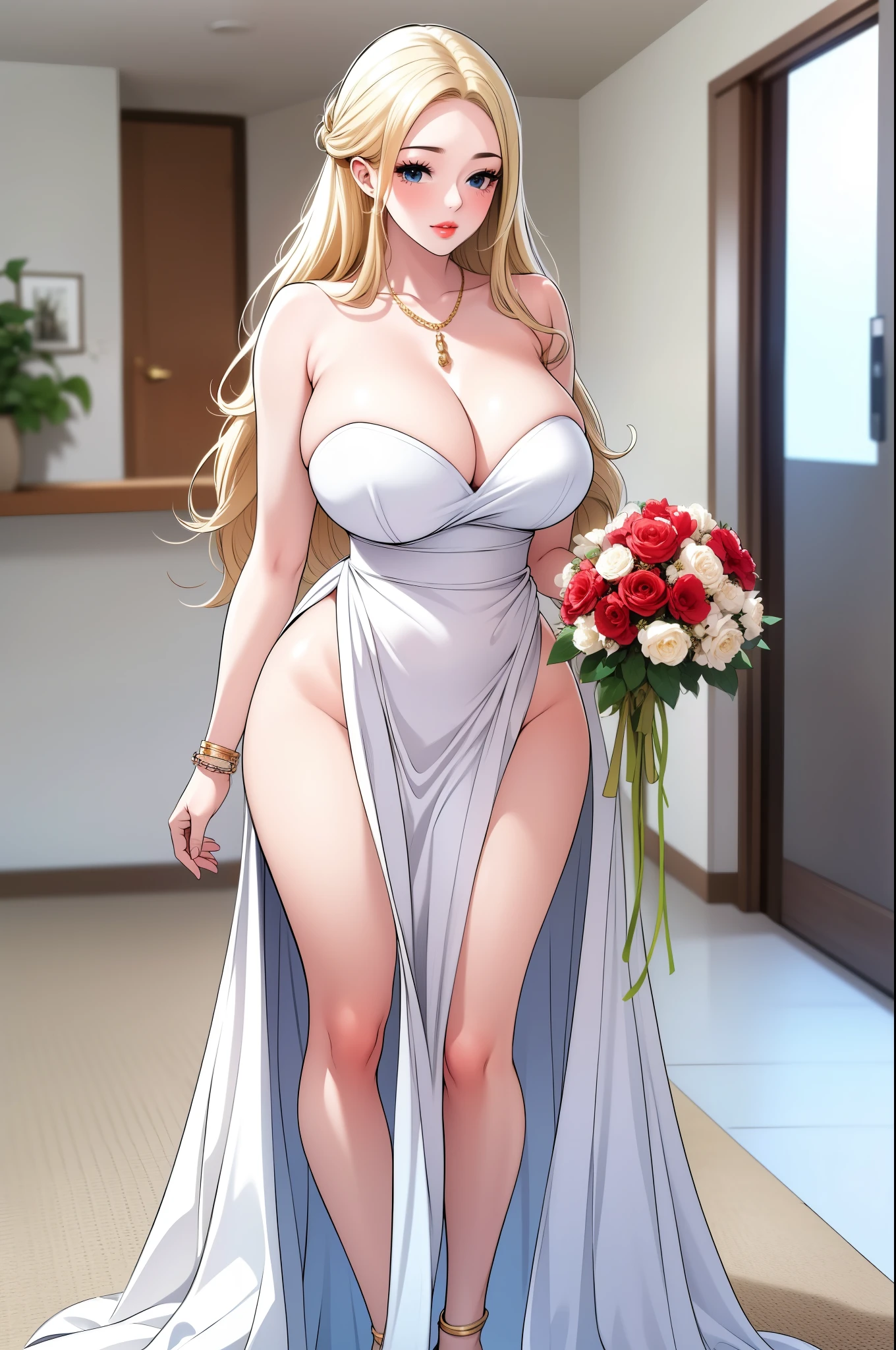 An extremely beautiful stunning woman with a perfect busty body, gold blonde long silky hair, big blue eyes, extremely super bright snow white fair stunning flawless glowing lush shiny flawless white skin, a perfect tight hourglass figure, and a skinny waist, sexy thick smooth luscious legs, and thighs, extremely cute smile on the face, bright pink blushes on cheeks, wearing a tight sexy revealing sky-blue bikini with threads, yellow heels, gold necklace on the neck, gold anklets on feet, gold chain on the waist, standing straight, holding a red rose bouquet, beach in the background, show full body from head to feet.