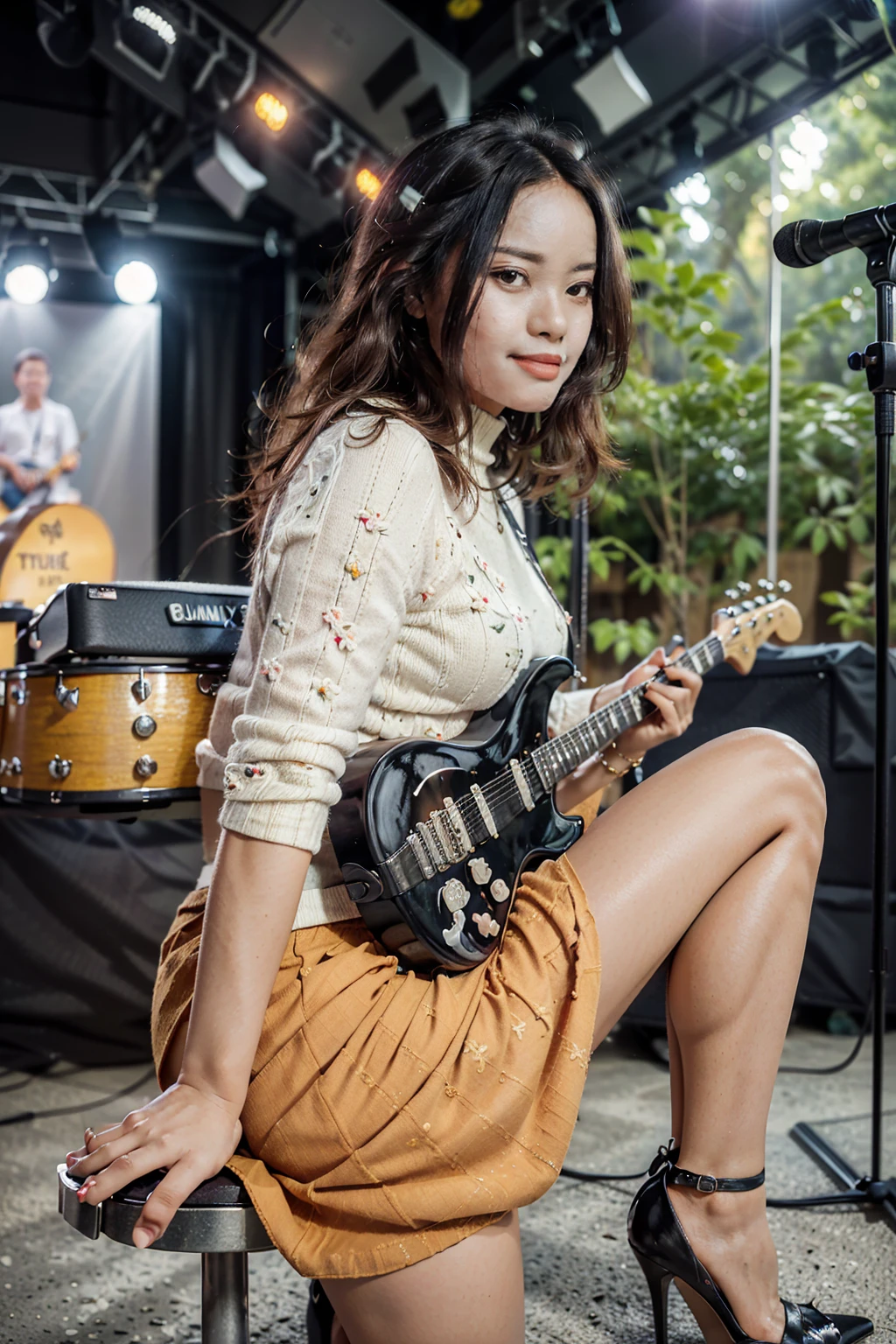 masterpiece, best quality, ultra detailed, high resolution, 1 girl, ((pretty lady MoonLay)), Burmese girl, ((pretty lady MoonLay's seductive sweet face with sweet smile:1.2)), ((playing guitar:1.5)), ((singing with confident)), ((electric guitar)), ((stage background:1.5)), golden hour setting, 8k, (black sweater turtleneck tight blouse), (black mini skintight skirt with white flowers printed: pattern1.2), (stylishly sitting on stylish stage stool), (((crossing legs:1.1))), (stiletto high heel), ((full body tilted side view:1.5)), ((blur background with star shaped bokeh effect to highlight portrait better)), (vibrant HDR lighting),