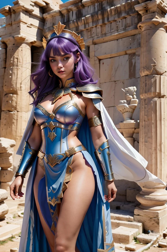 one woman, 25 year old, Greek goddness, purple hairs, blue eyes, greece, ancien temple, perfect bosy, masterclass, HD, 8k, wearing an armor, armor with a mayan design, white cape, dark enegy aura, in an ancient greek temple in ruins