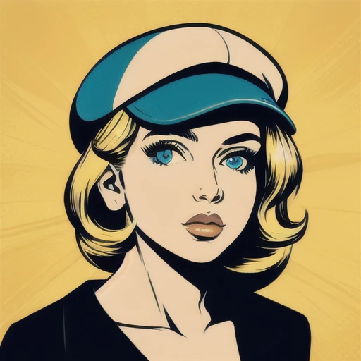 pop art,1girl, solo, upper body, blonde hair, flat cap, looking at viewer, 
 