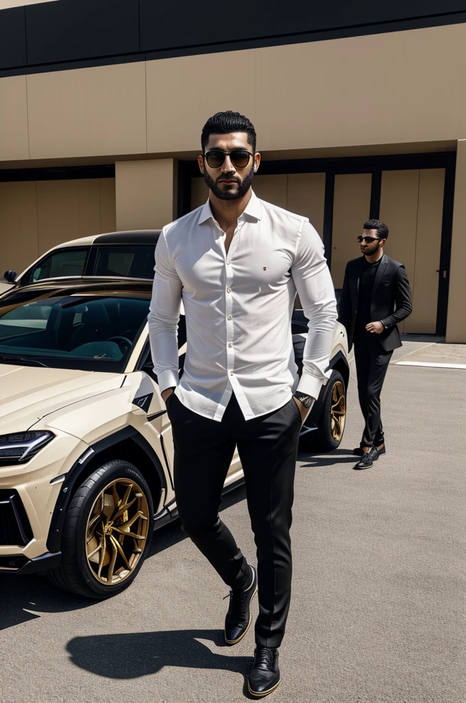 A man with white shirt and black pants and a golden Lamborghini urus 