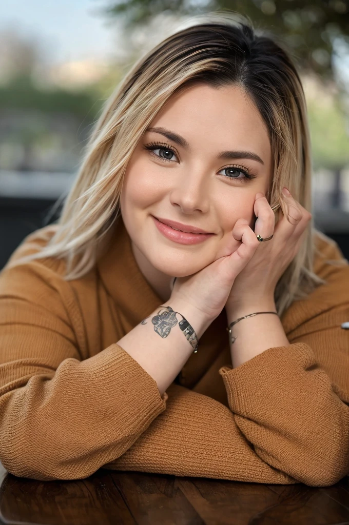 (On a table, Best quality, realistically, ultra - detailed, meticulous, A high resolution, 8k wallpaper), Close-up portrait of a beautiful woman, Love, Smiling, light brown messy hair, Perfect dynamic composition, Beautiful and meticulous eyes, Just like the cover of a fashion magazine, On campus