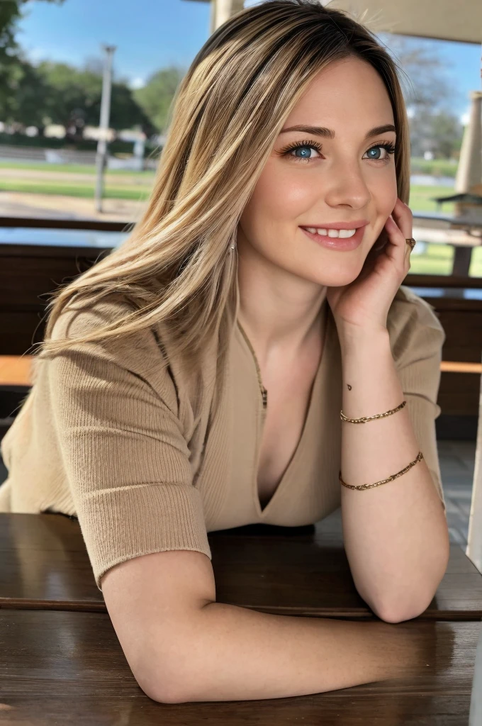 (On a table, Best quality, realistically, ultra - detailed, meticulous, A high resolution, 8k wallpaper), Close-up portrait of a beautiful woman, Love, Smiling, light brown messy hair, Perfect dynamic composition, Beautiful and meticulous eyes, Just like the cover of a fashion magazine, On campus