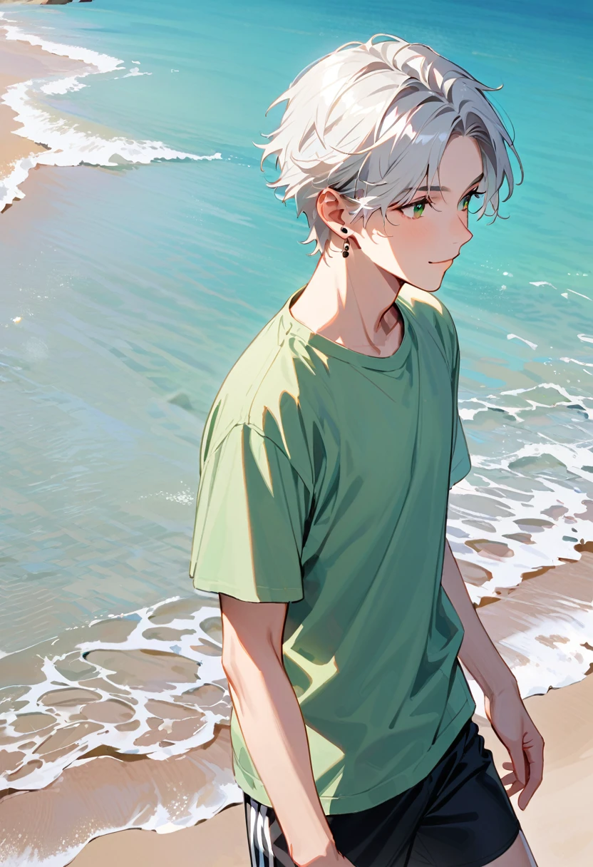 A young man, 19-years-old, solo, Caucasian, masculine face, short tousled white hair, green eyes, warm smile, light pale green t-shirt, short sleeves, black swimming trunks, small silver earrings, beach, standing in the water, looking off into the distance