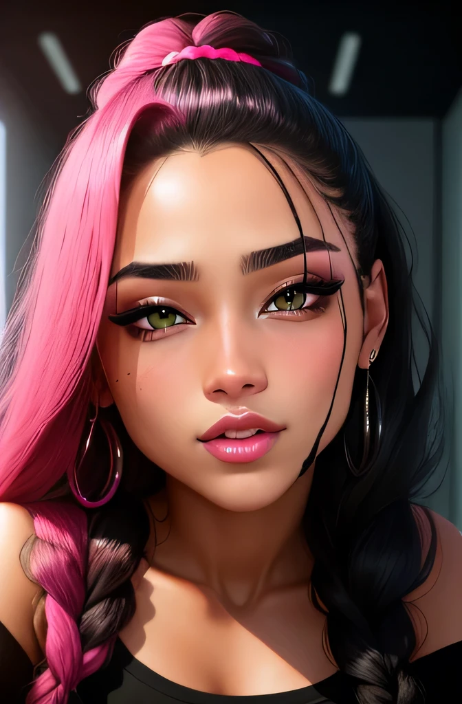 Amazing portait of a sexy woman with black braided hair wearing a black t-shirt with a close-up on her face showcasing her glossy wet pink lips parted and her flawless glowing skin and her long beautiful neck