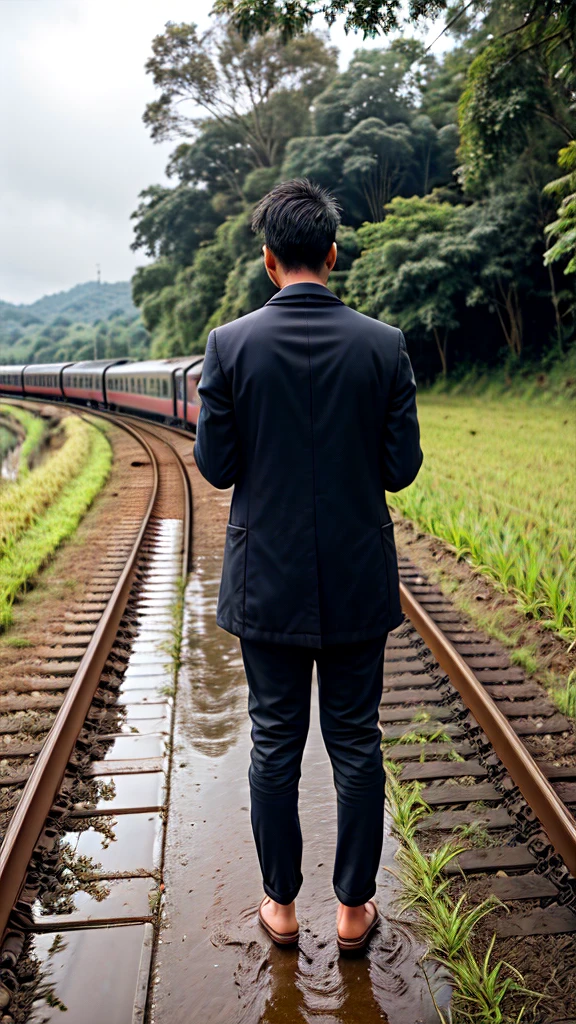 A boy age 30 with normal height and fit Thanking god pose in the paddy field behind the railway track while train on the track neel down and praising god in back pose in coat and pants on a rainy day