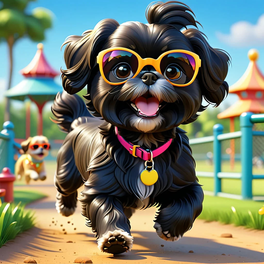 2 Adorable small black Shih Tzu puppies wearing bright sunglasses running at dog park Disney background 3d cartoon 3d render disney pixar style