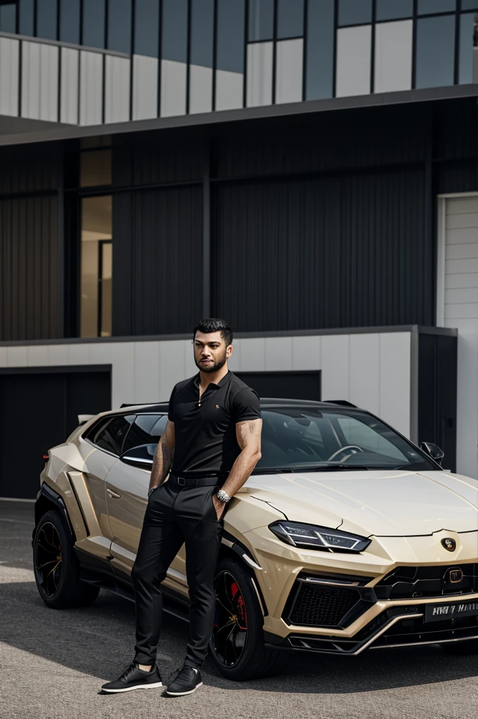A man with white shirt and black pants and a golden Lamborghini urus