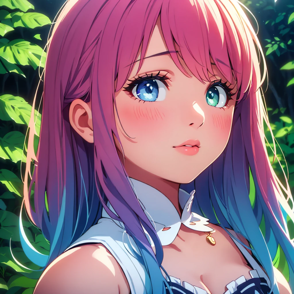 a beautiful girl, 1girl, beautiful detailed eyes, beautiful detailed lips, extremely detailed face and features, long eyelashes, cute expression, vivid colors, warm lighting, cinematic lighting, film grain, high quality, 8k, photorealistic, detailed background, lush foliage, natural setting, serene atmosphere