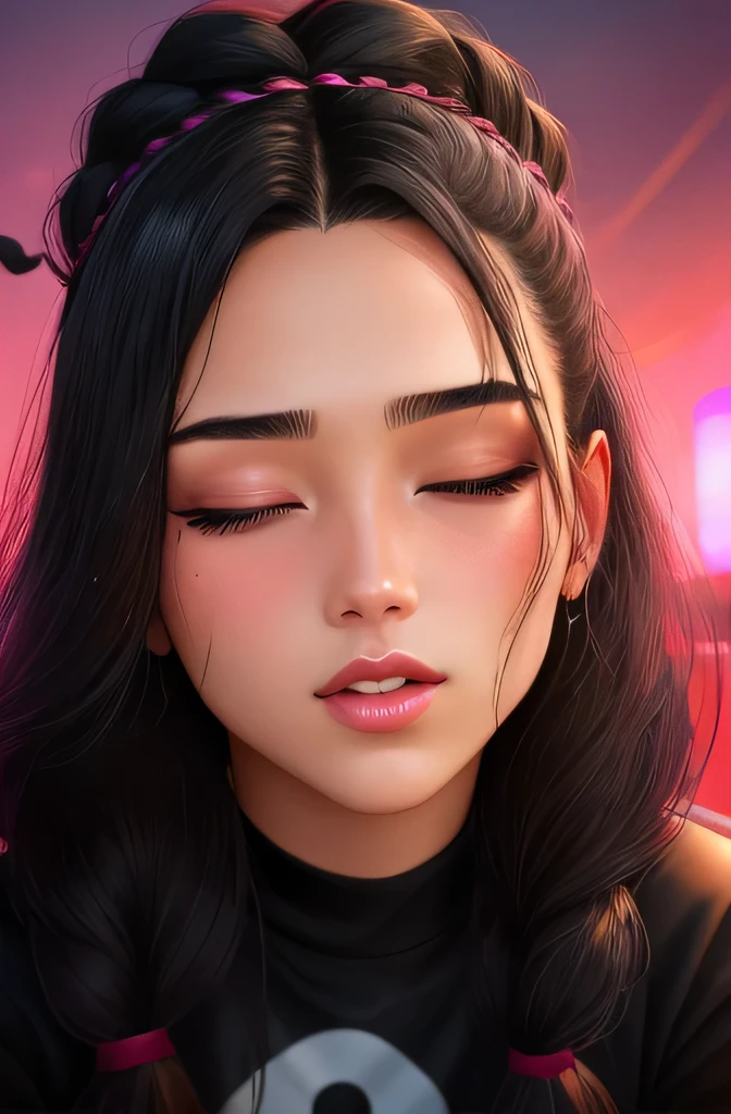 Amazing portait of a sexy woman with black braided hair wearing a black t-shirt with a close-up on her face showcasing her glossy wet pink lips parted and her flawless glowing skin and her long beautiful neck
