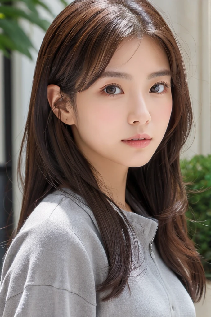 dark brown hair、light brown eyes、Japanese actress face、 Lady、i look like him&;I&#39;m about 40 years old.、(intricate details:1.2)、(highest quality:1.4)、 (ultra high resolution:1.2)、ultra high resolution、(detailed eyes)、(detailed facial features)、ticker、8K resolution、D cup size breasts、long hair、singapore terrace restaurant、view of singapore、Sit comfortably on a sofa on the terrace of a cafe with a beautiful view..、relaxing、lean against the backrest、Pale tone clothing、