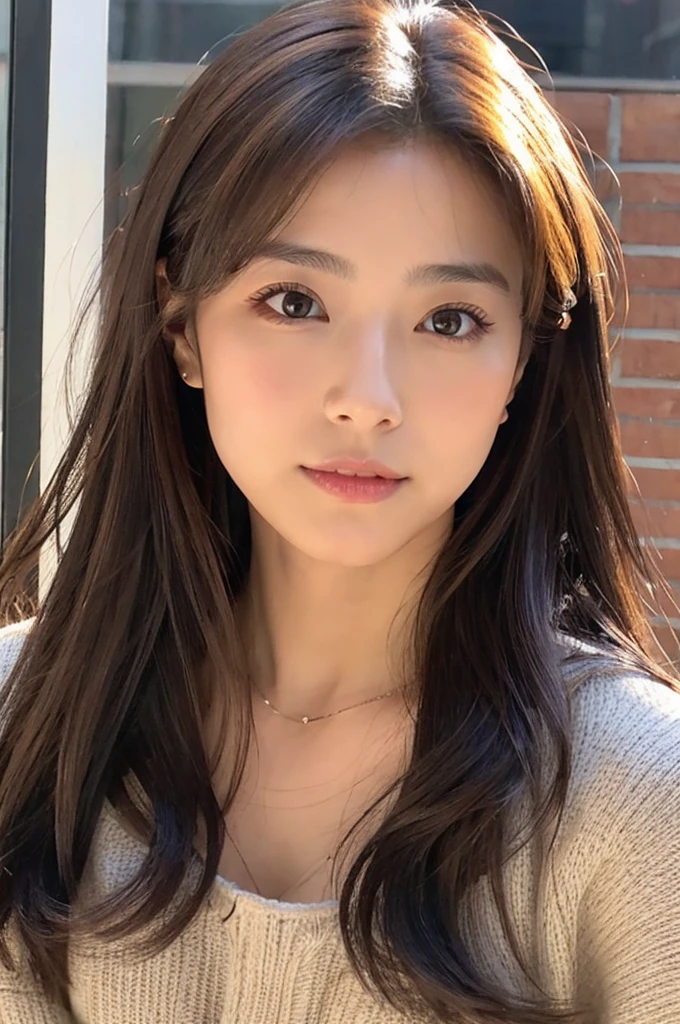 dark brown hair、light brown eyes、Japanese actress face、 Lady、i look like him&;I'm about 40 years old.、(intricate details:1.2)、(highest quality:1.4)、 (ultra high resolution:1.2)、ultra high resolution、(detailed eyes)、(detailed facial features)、ticker、8K resolution、D cup size breasts、long hair、singapore terrace restaurant、view of singapore、Sit comfortably on a sofa on the terrace of a cafe with a beautiful view..、relaxing、lean against the backrest、Pale tone clothing、