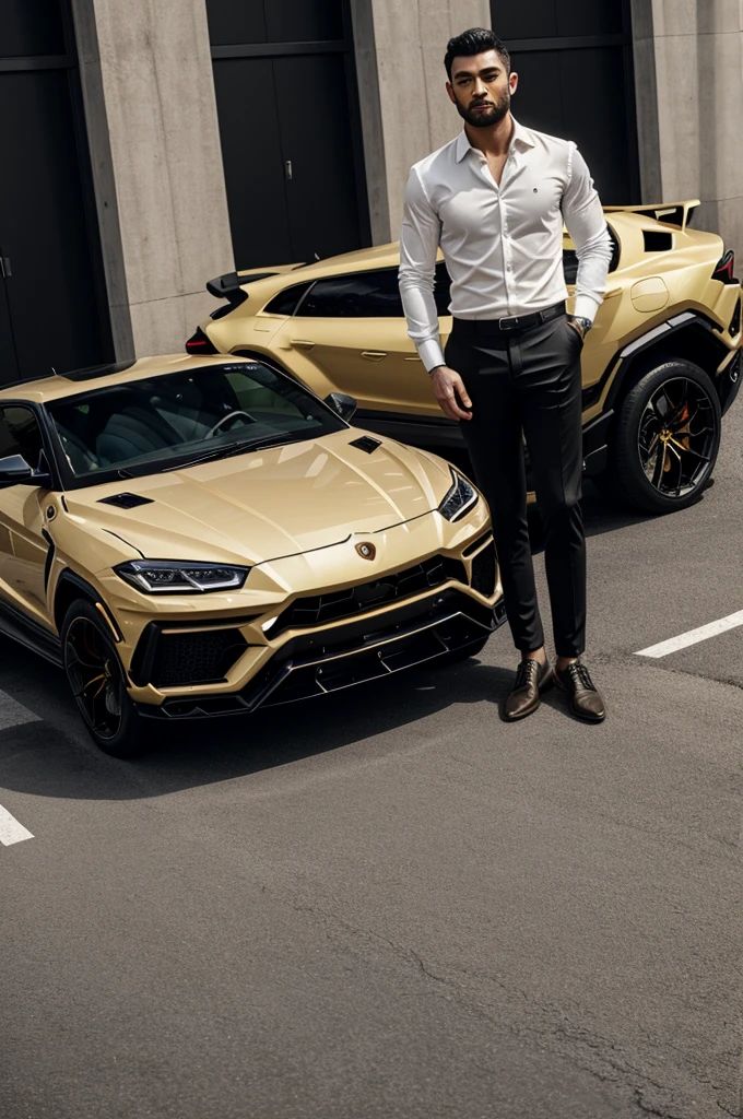 A man with white shirt and black pants and a golden Lamborghini urus